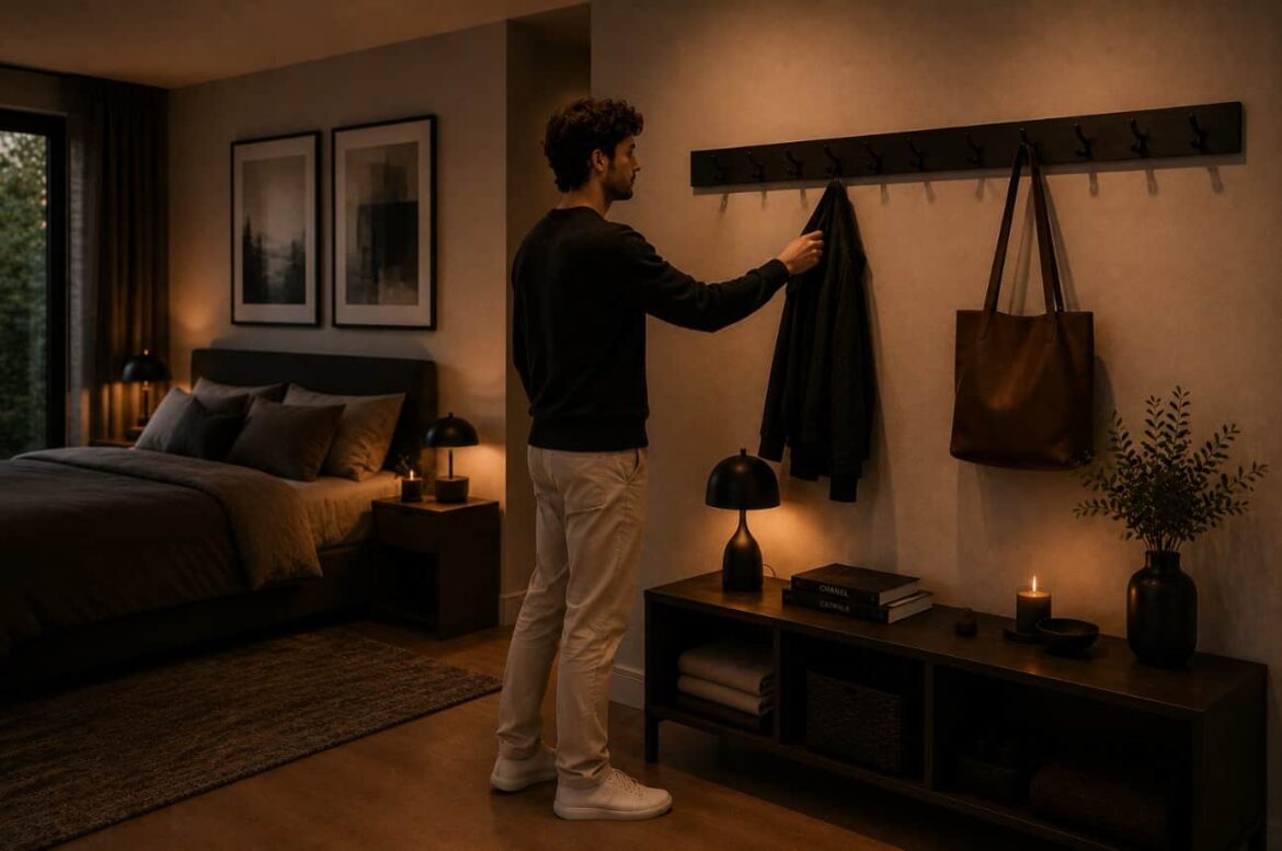 Homme accrochant un vêtement sur un Porte-manteau mural dans une chambre moderne à l’ambiance chaleureuse.