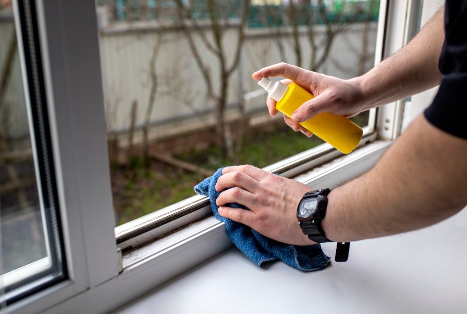 Un homme nettoie le rail inférieur d'une fenêtre en PVC blanc avec un spray jaune et un chiffon bleu, un geste essentiel pour préserver la duree de vie moyenne menuiserie pvc.